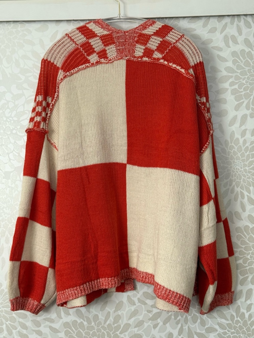 BTFBM Women’s L Boho Eclectic Orange Checkerboard Oversized Cardigan Sweater - Picture 2 of 10